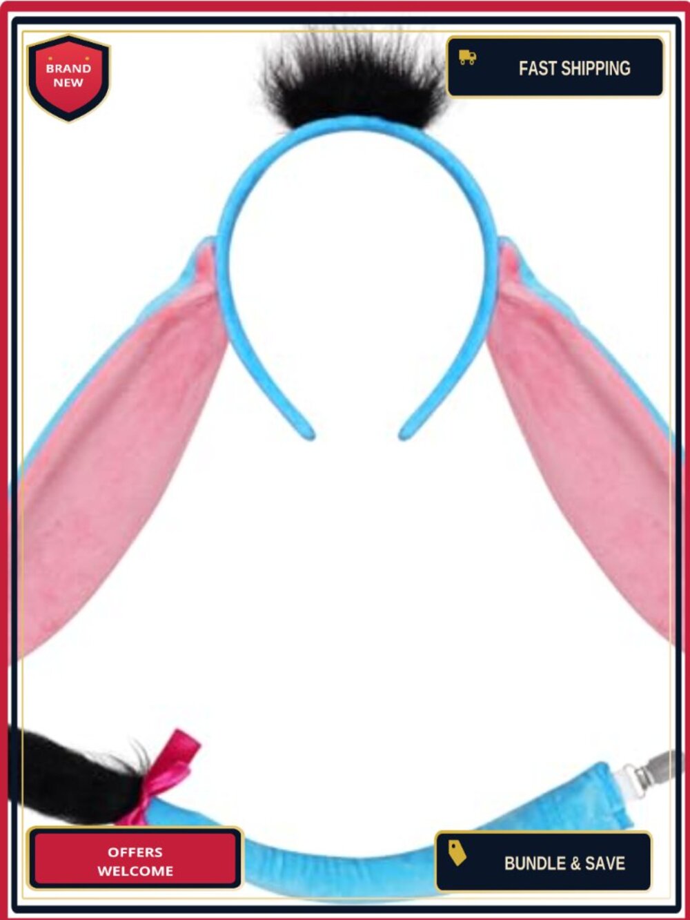 Donkey Costume Accessory Set Ears Headband and Tail One Size